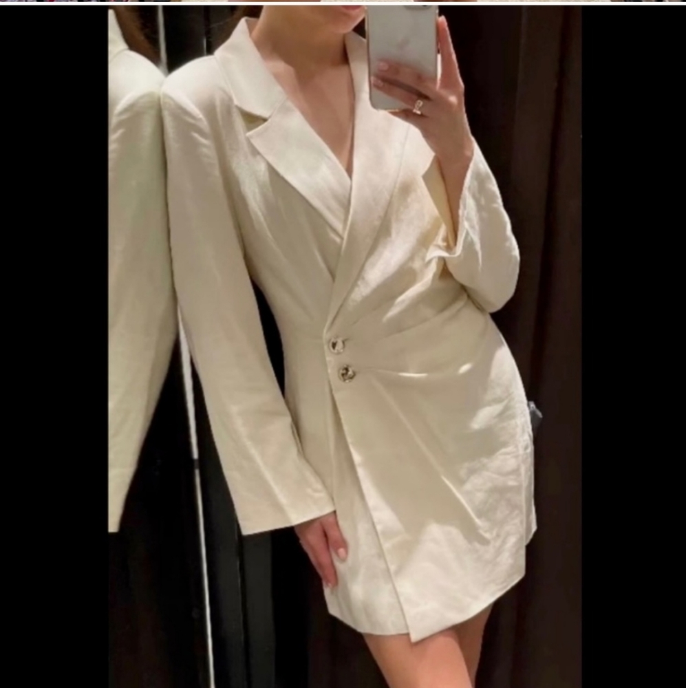 Zara * linen blend blazer dress cream - Picture 7 of 12